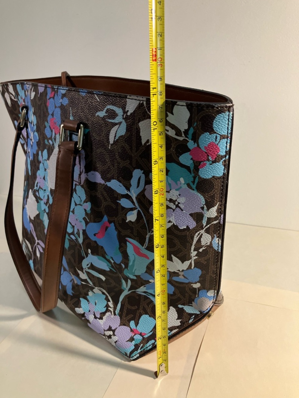 Calvin Klein Brown Floral Tote with Blue, Purple & Pink Accents - Picture 8 of 8